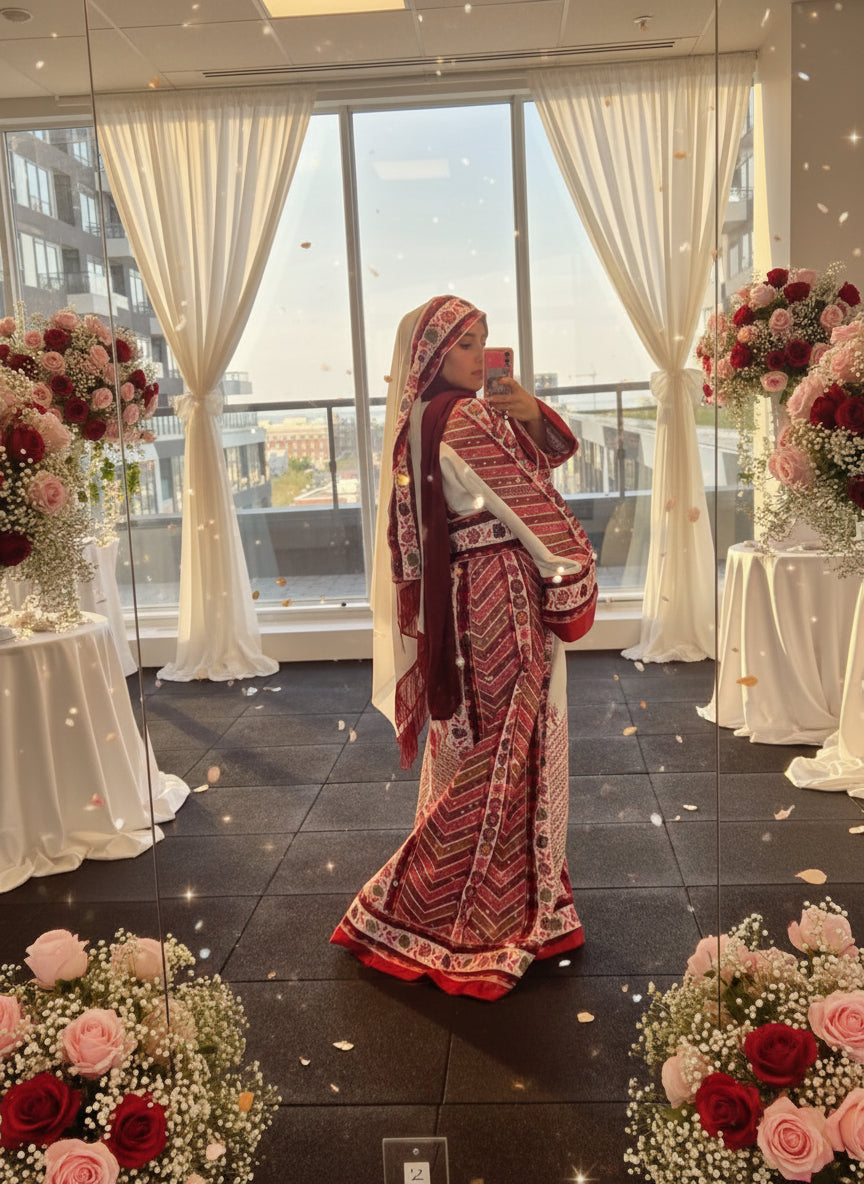 The Flora Thobe - Bridal Floral Traditional Full Tatreez back and front Thobe With Head Veil