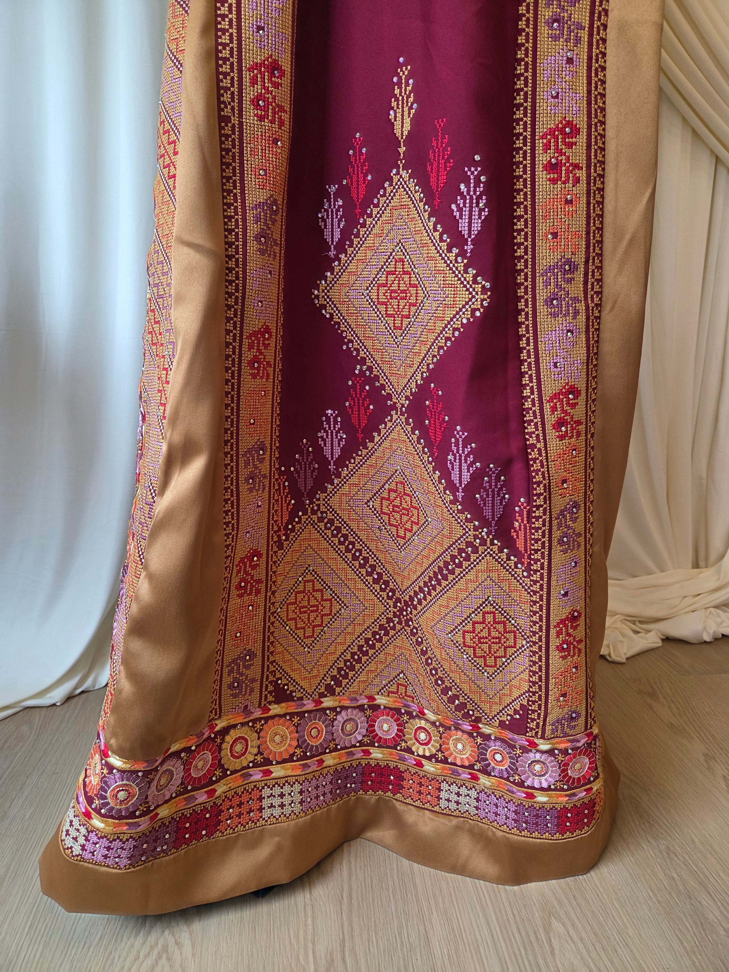 Naya Thobe - Burgundy and Gold Embroidered Tatreez Thobe with Matching Head Veil (Palestinian Thobe/ Dress)