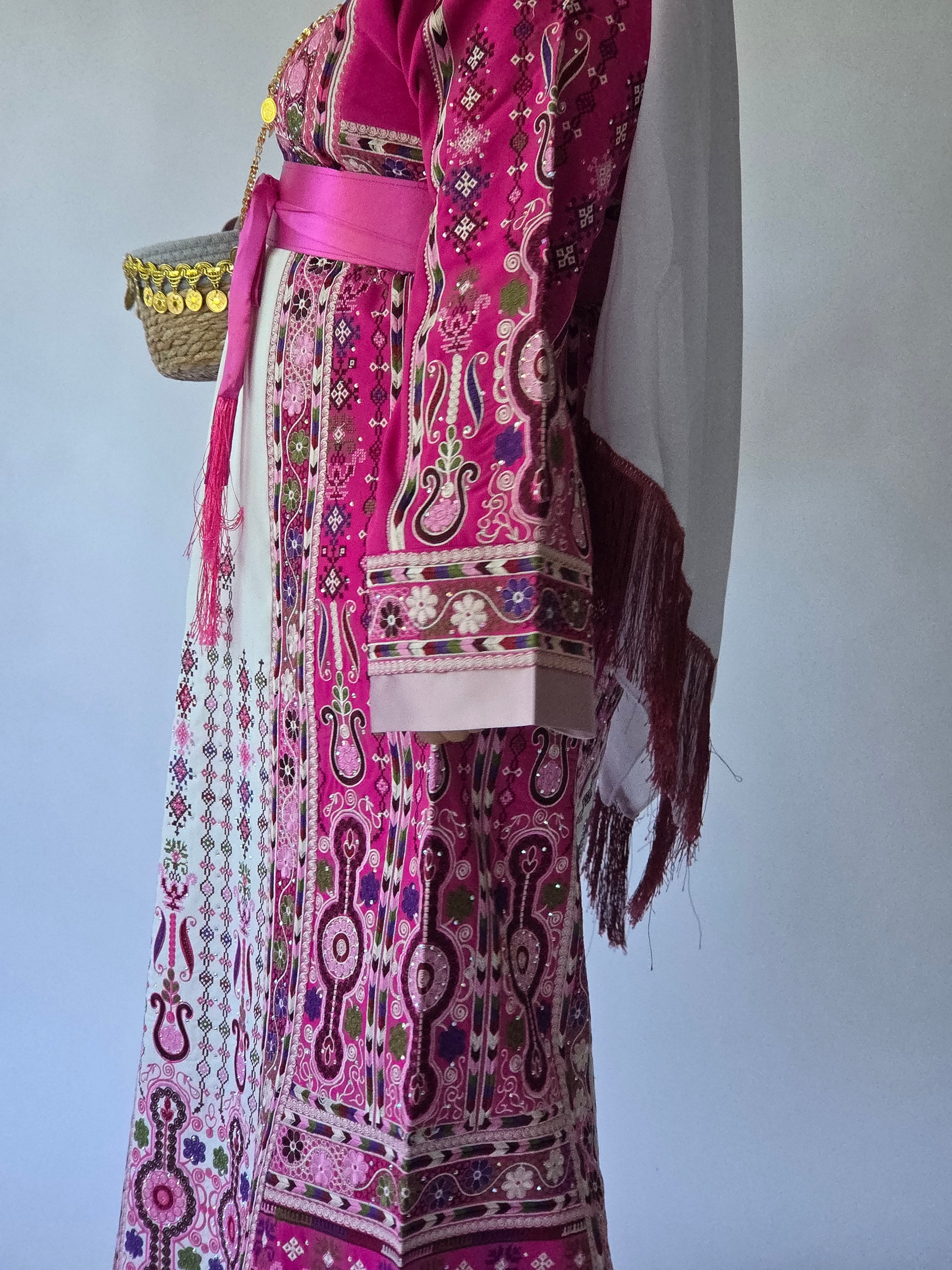 The Lujian Thobe - Hot Pink and White Diamond Traditional Full Tatreez Back and Front Thobe With Matching Head Veil