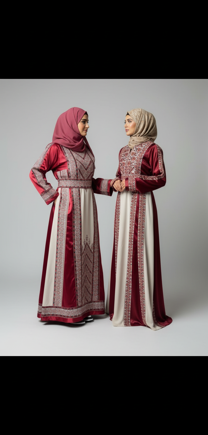 The Nabuls Thobe - Burgundy and Beige Traditional Full Tatreez Back and Front Thobe