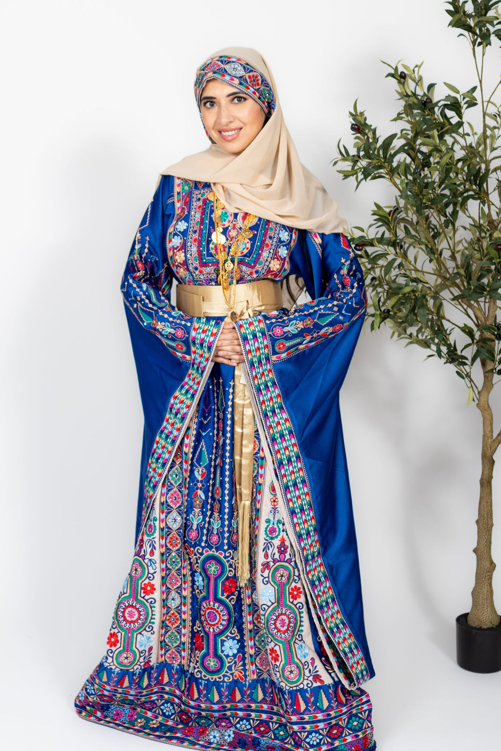 The Celine Thobe - Palestinian Embroidered Blue & Golden Thobe with Matching Head Veil, Belt & Extra Long Sleeves | Traditional Tatreez Dress