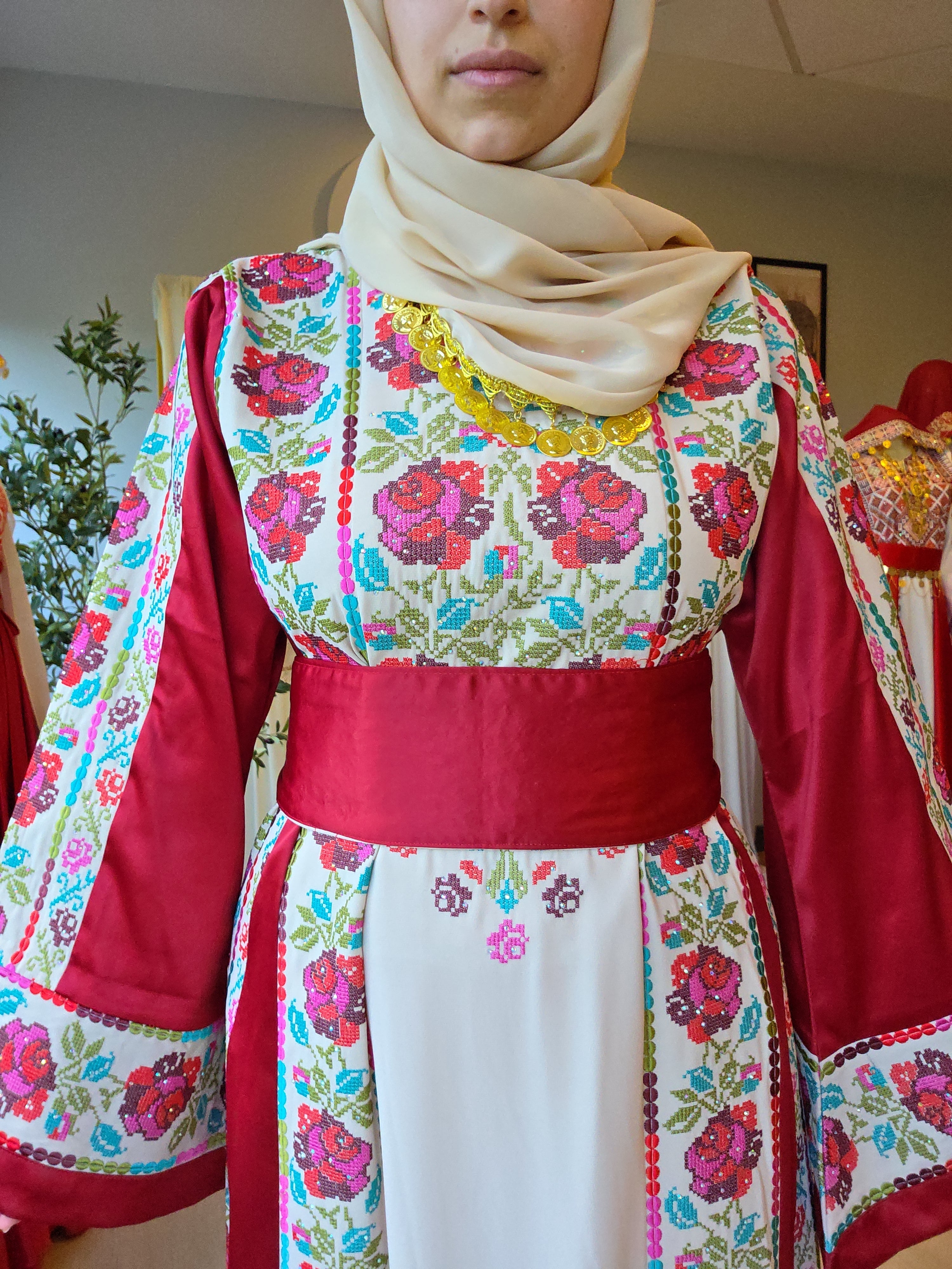 The Warda Thobe - Burgundy Traditional Full Tatreez Back and Front With Satin Thobe
