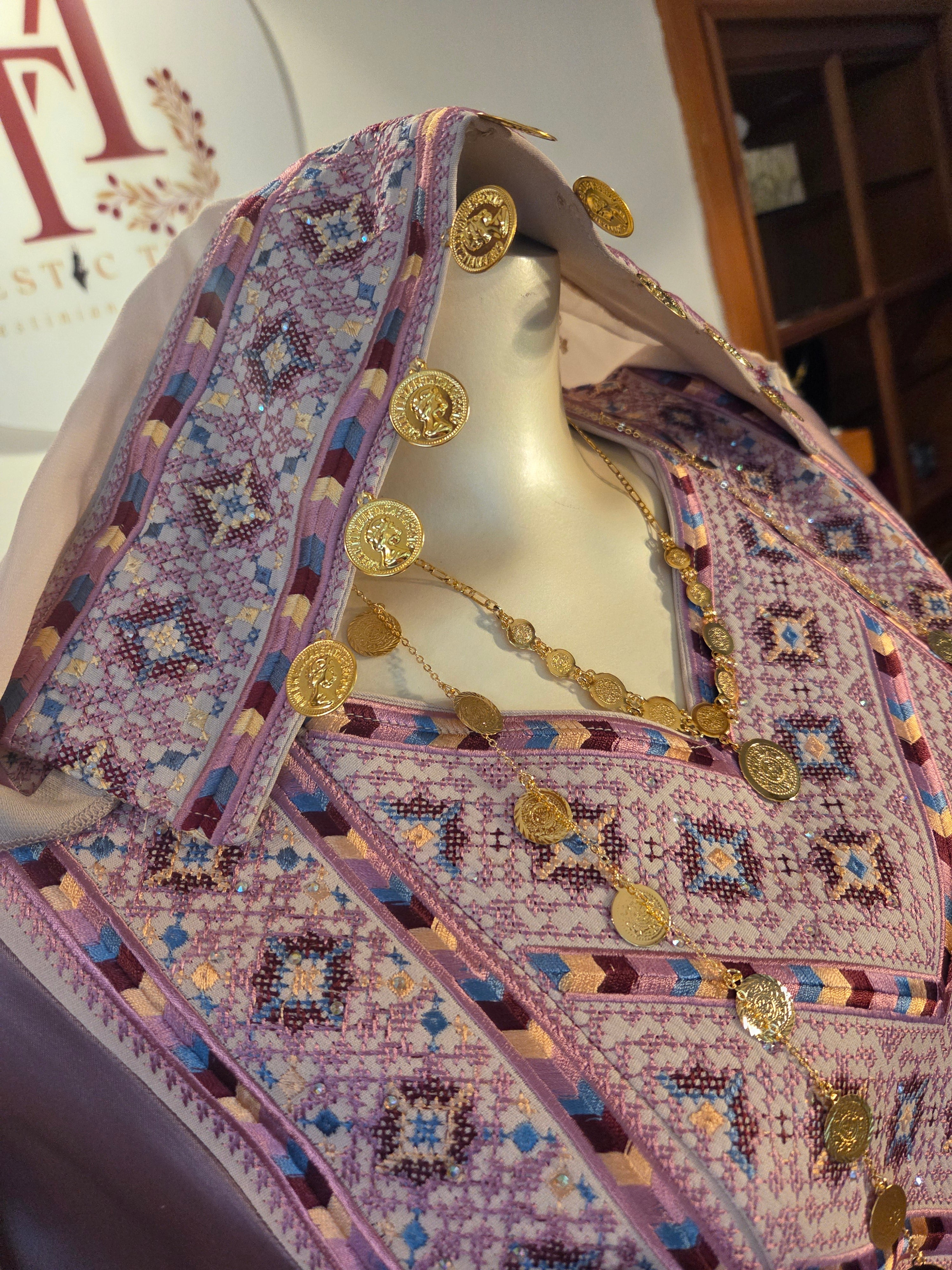 The Nabuls Thobe - Lilac and Beige Traditional Full Tatreez Thobe ( No veil)