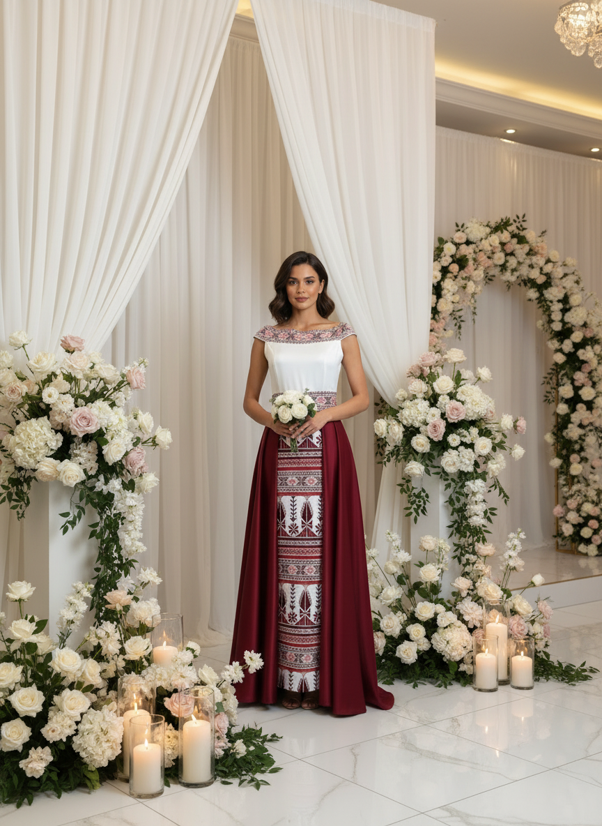'The Yaffa Thobe - Burgundy and White Bridal sleeveless Off Shoulder Long Train Thobe Dress