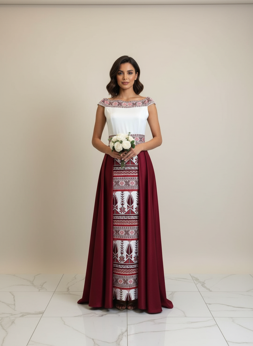 'The Yaffa Thobe - Burgundy and White Bridal sleeveless Off Shoulder Long Train Thobe Dress