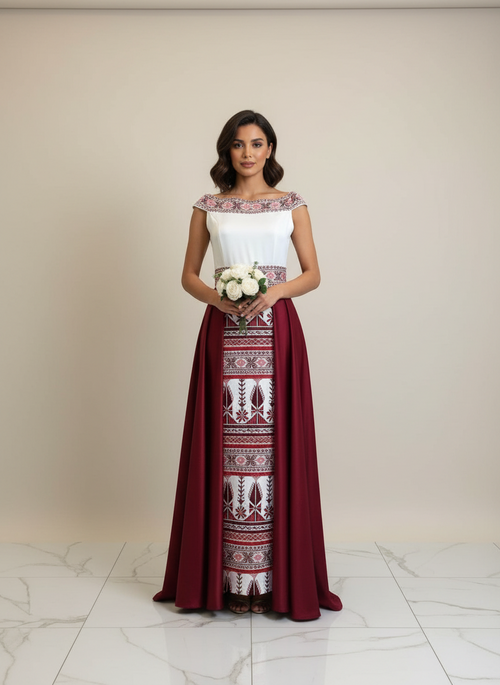 'The Yaffa Thobe - Burgundy and White Bridal sleeveless Off Shoulder Long Train Thobe Dress