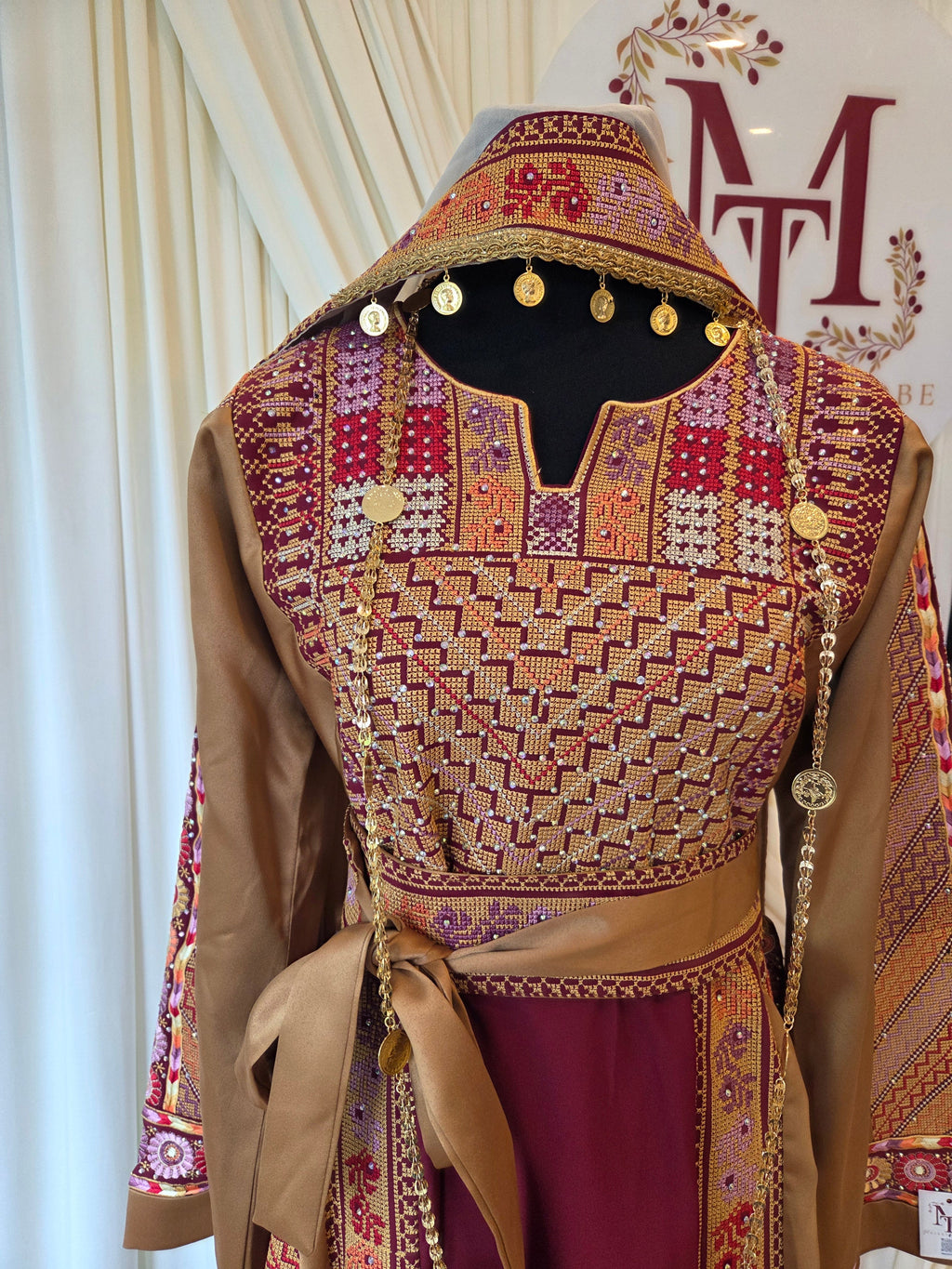 Naya Thobe - Burgundy and Gold Embroidered Tatreez Thobe with Matching Head Veil (Palestinian Thobe/ Dress)