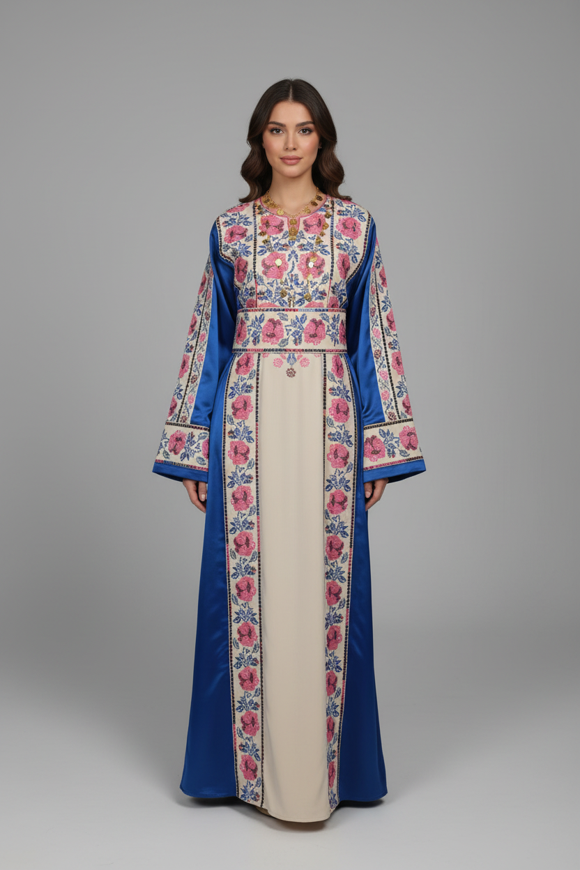 Warda Thobe - Blue & Pink Traditional Full Tatreez Back and Front With Satin Thobe