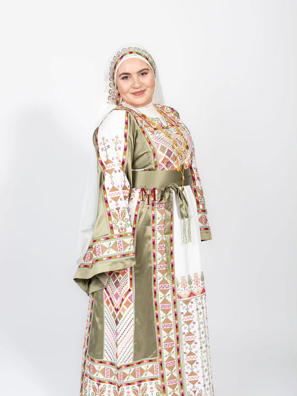 The Ella Thobe -  Green & White Diamond Traditional Full Tatreez Back and Front Thobe With Matching Head Veil