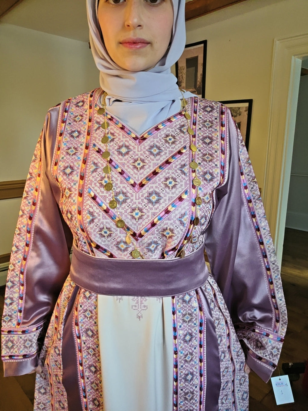 The Nabuls Thobe - Lilac and Beige Traditional Full Tatreez Thobe ( No veil)