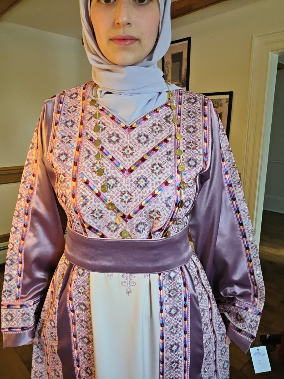 The Nabuls Thobe - Lilac and Beige Traditional Full Tatreez Thobe ( No veil)