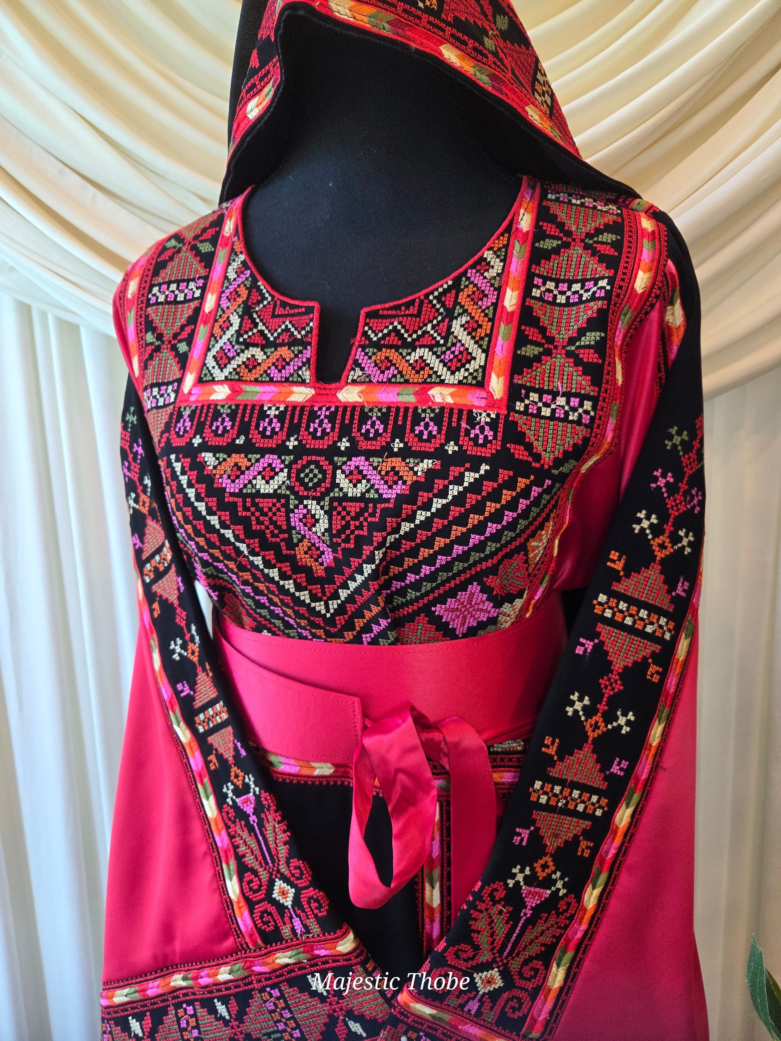 The Ella Thobe -  Black & Red Diamond Traditional Full Tatreez Back and Front Thobe With Matching Head Veil