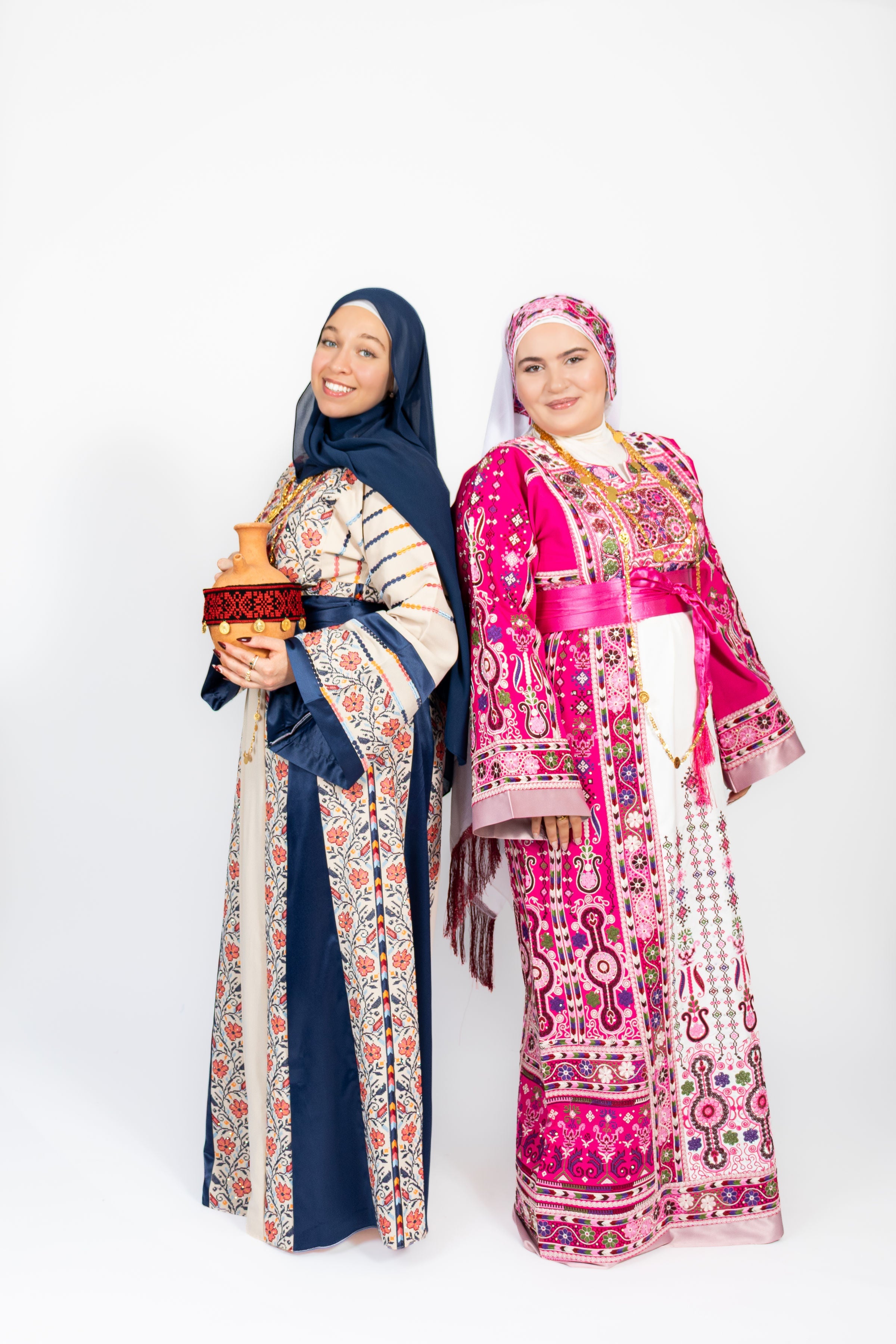 The Lujian Thobe - Hot Pink and White Diamond Traditional Full Tatreez Back and Front Thobe With Matching Head Veil