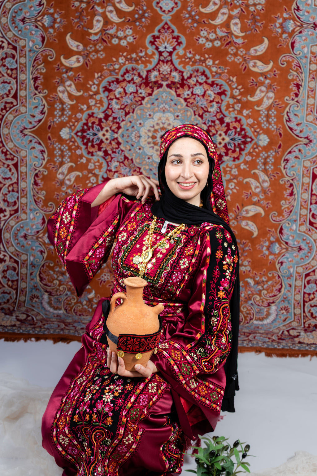 The Diana Thobe - Black & Burgundy Diamond Traditional Full Tatreez Back and Front Thobe With Matching Head Veil