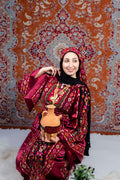 The Diana Thobe - Black & Burgundy Diamond Traditional Full Tatreez Back and Front Thobe With Matching Head Veil