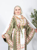 The Ella Thobe -  Green & White Diamond Traditional Full Tatreez Back and Front Thobe With Matching Head Veil