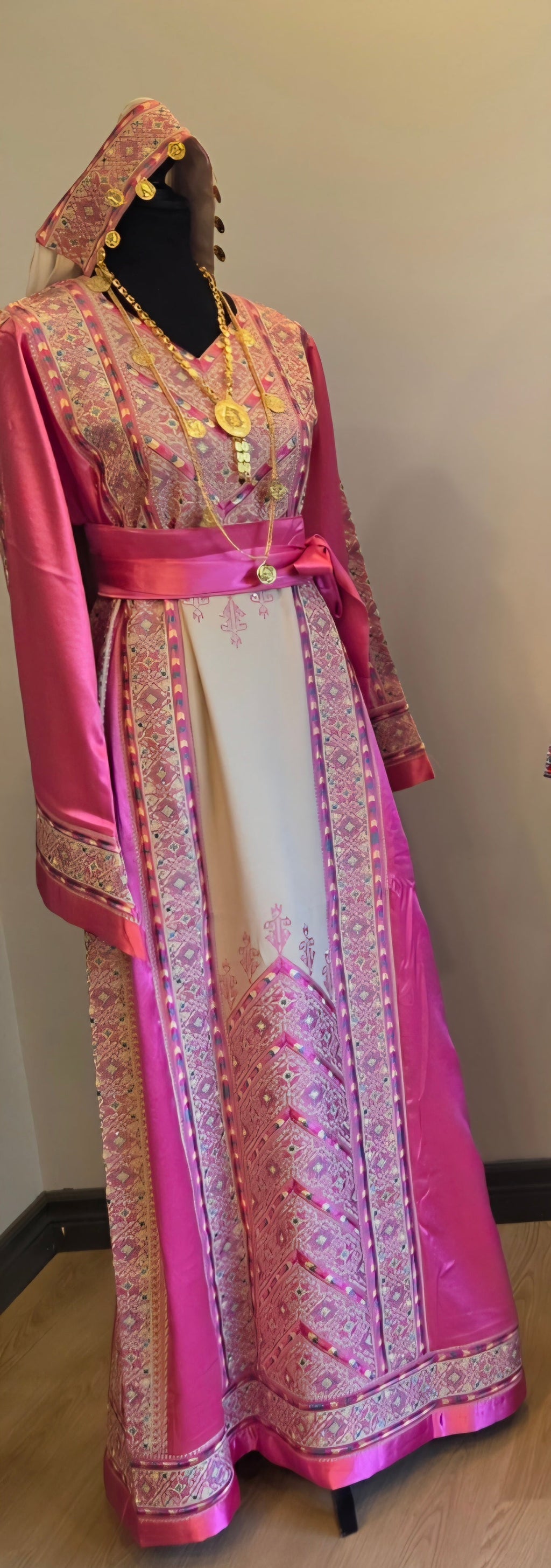 The Nabuls Thobe - Hot Pink and Beige Traditional Full Tatreez Back and Front Thobe