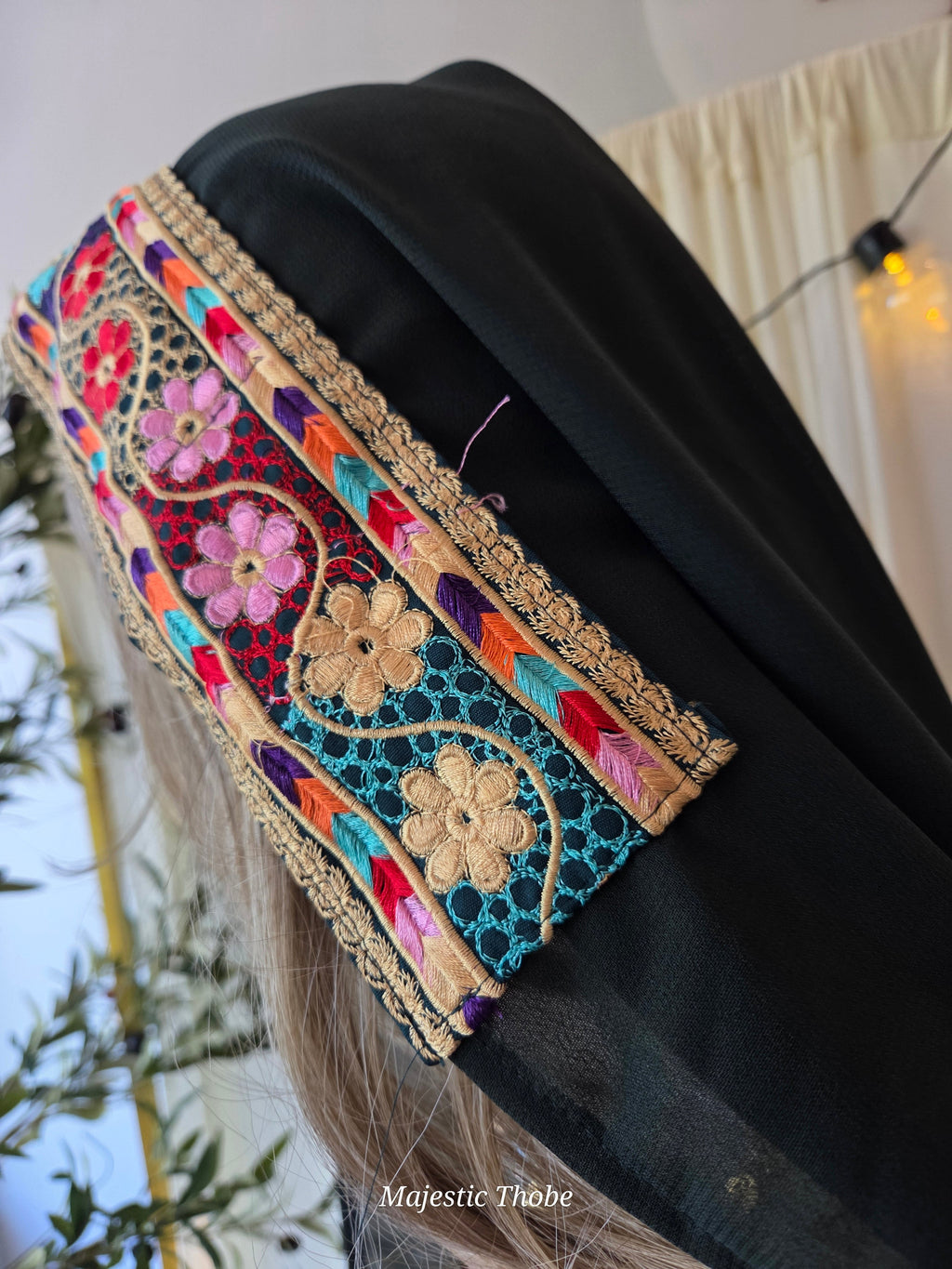 The Lujian Thobe - Green and Beige Diamond Traditional Full Tatreez Back and Front Thobe With Matching Head Veil