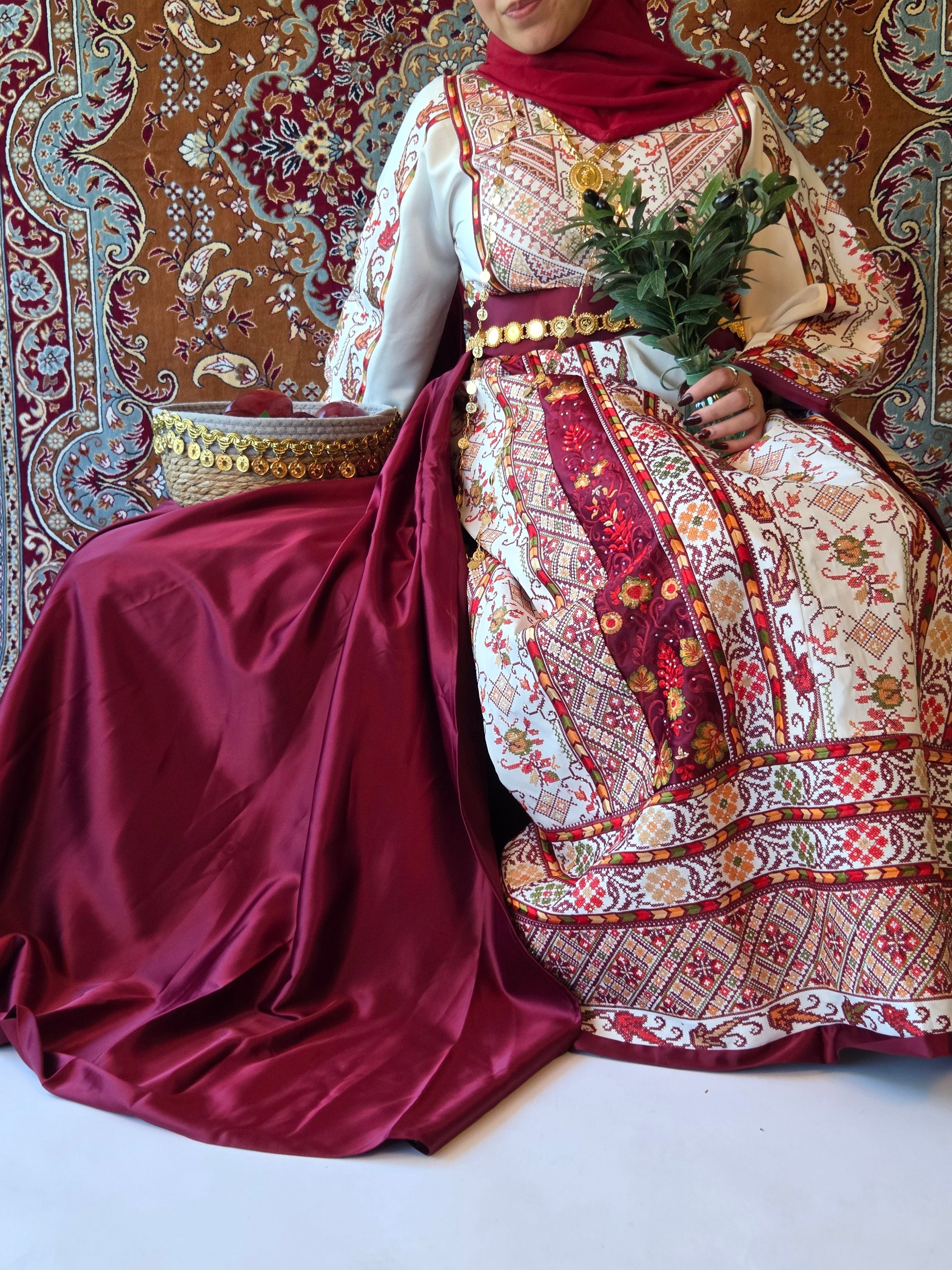 The Lamees Thobe - Bridal White and Burgundy Traditional Full tatreez Back and Front Thobe With Matching Head Veil