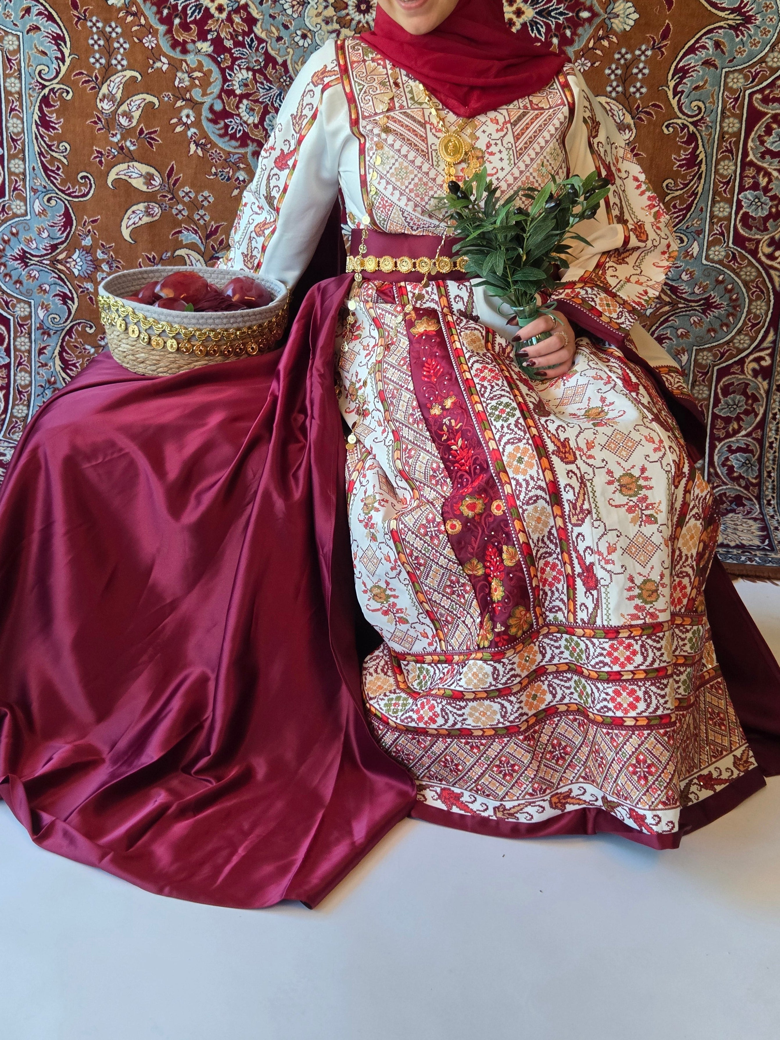 The Lamees Thobe - Bridal White and Burgundy Traditional Full tatreez Back and Front Thobe With Matching Head Veil