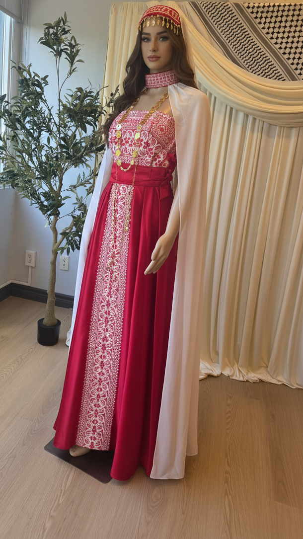 The Rafah - Red & White Modern Strapless Full Tatreez Thobe ( 4 Pieces)