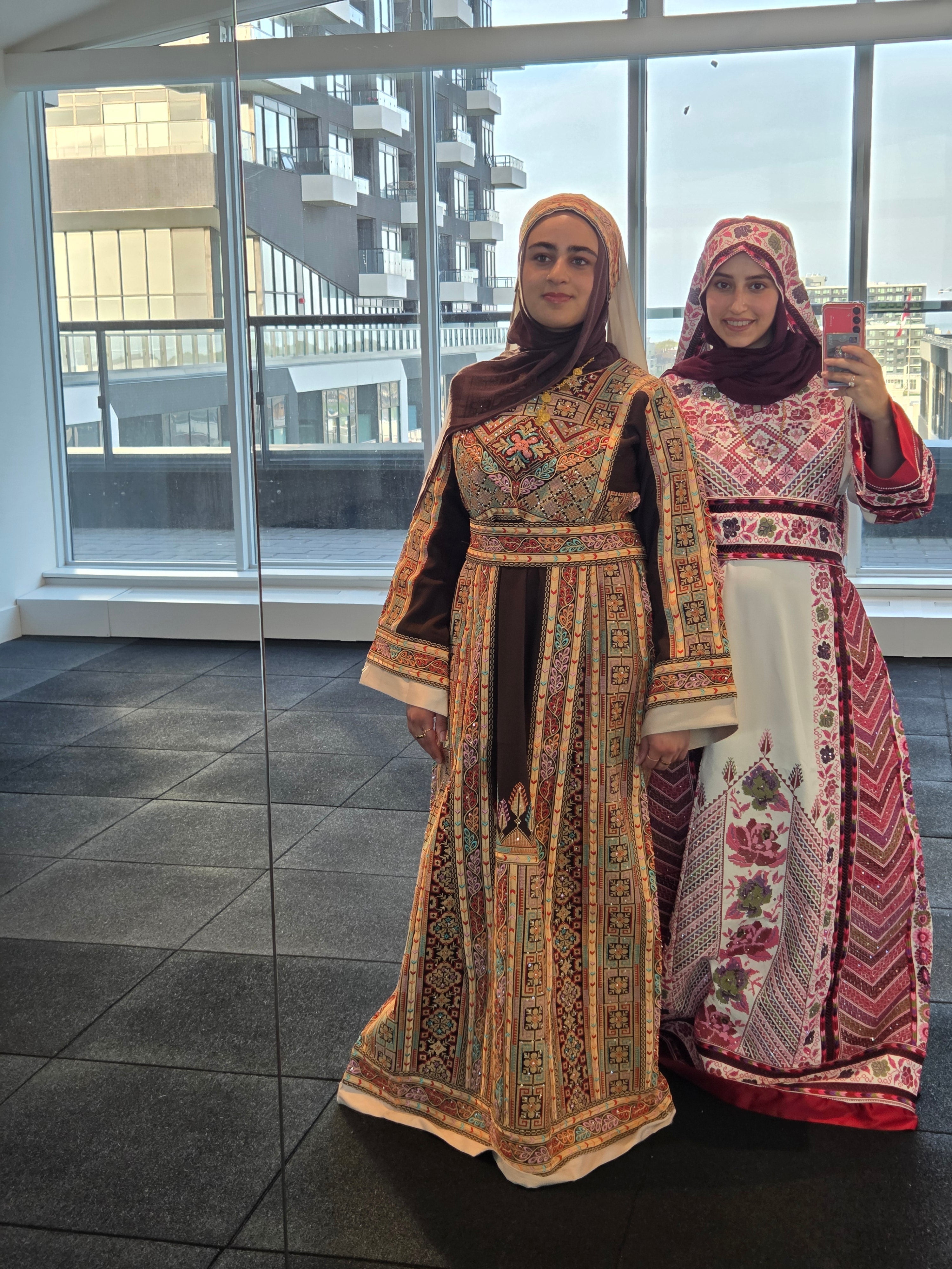 The Shaima Thobe - Brown & Beige Traditional Full Tatreez Back and Front Thobe With Matching head Veil