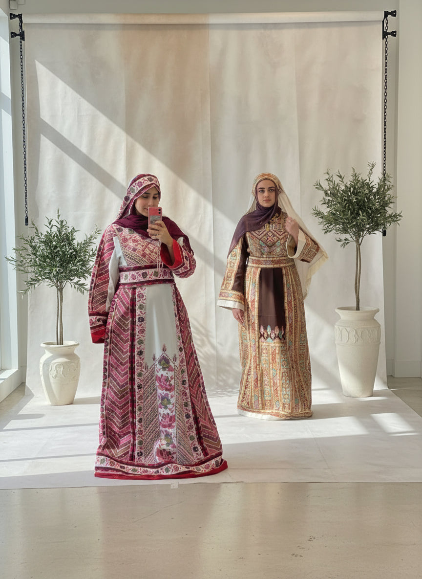 The Flora Thobe - Bridal Floral Traditional Full Tatreez back and front Thobe With Head Veil