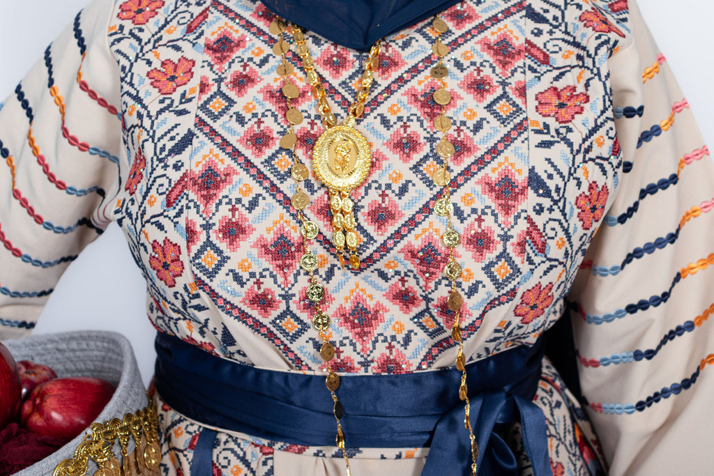 The Amal Thobe - Blue & Beige Diamond Traditional Full Tatreez Back and Front Thobe
