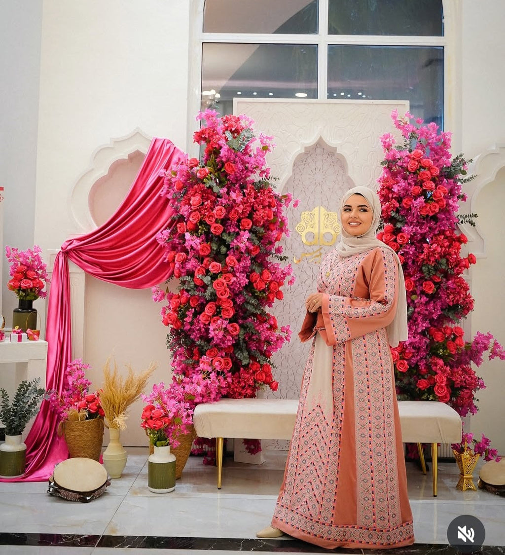 The Nabuls Thobe - Pink and Beige Traditional Full tatreez back and front Thobe (No veil)