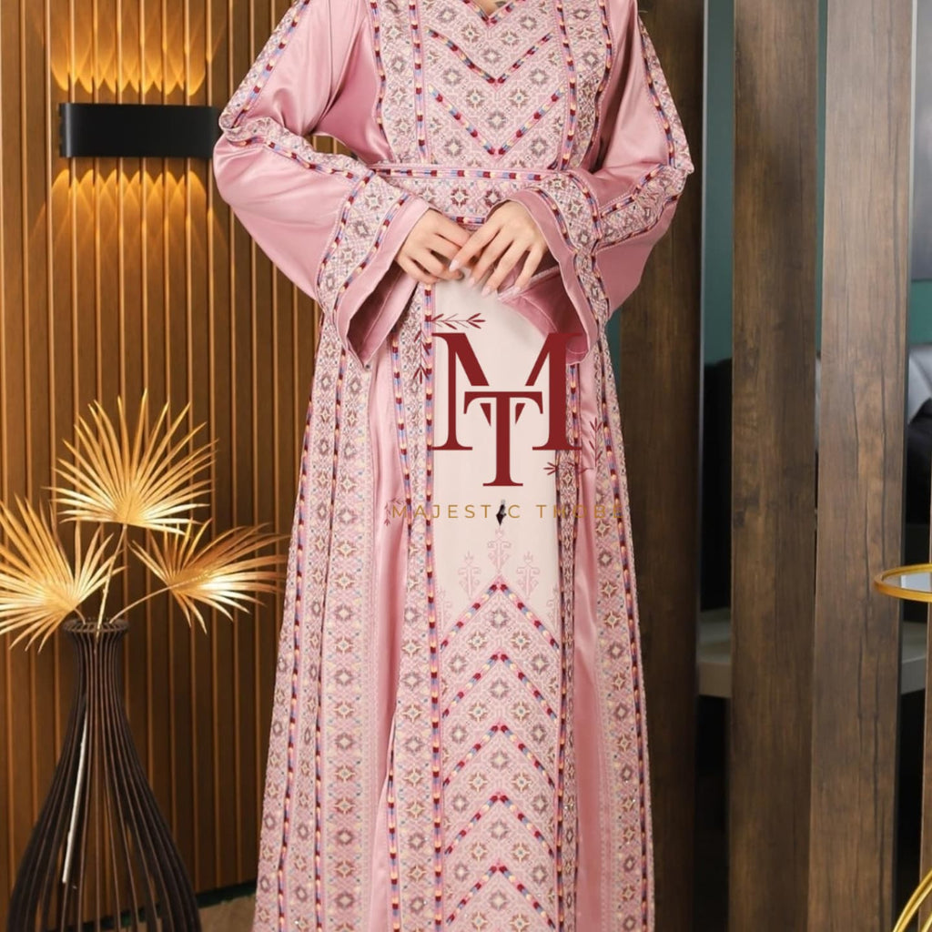 The Nabuls Thobe - Pink and Beige Traditional Full tatreez back and front Thobe (No veil)