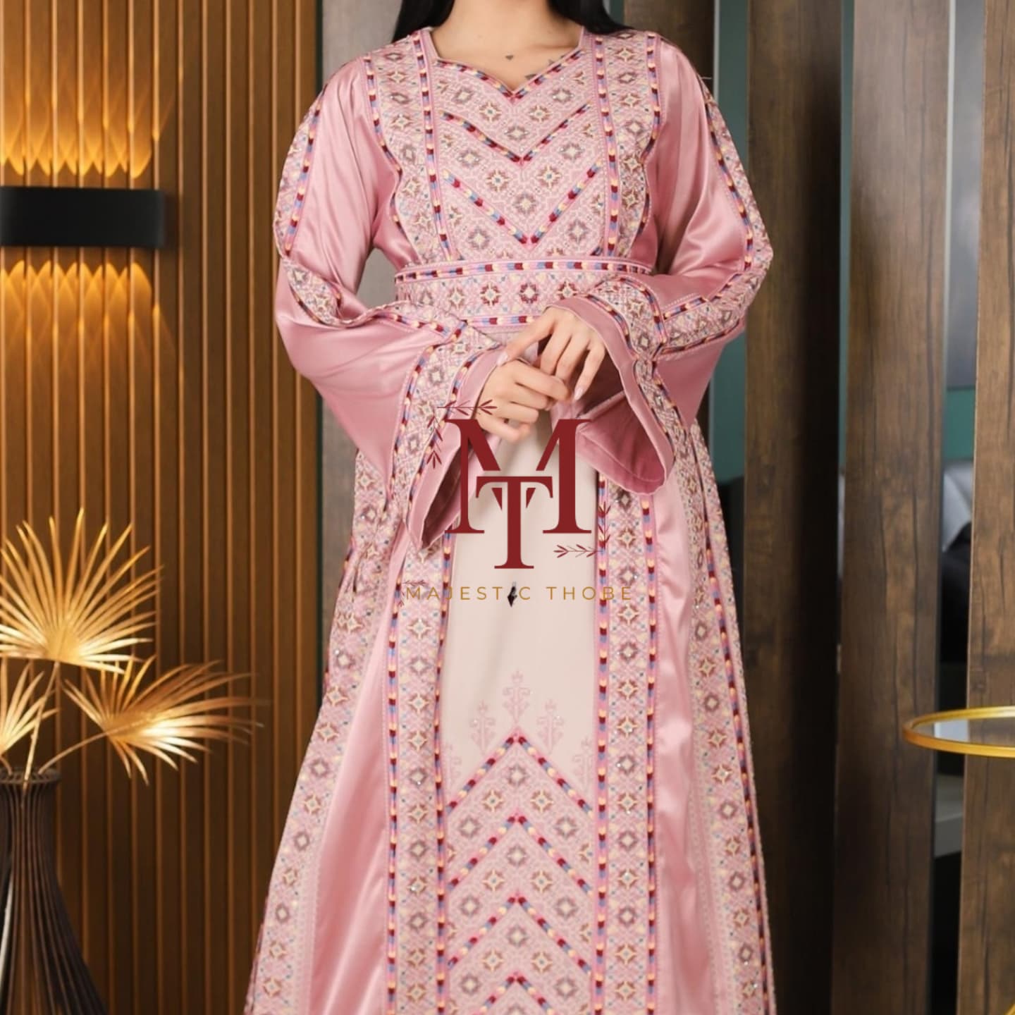 The Nabuls Thobe - Pink and Beige Traditional Full tatreez back and front Thobe (No veil)
