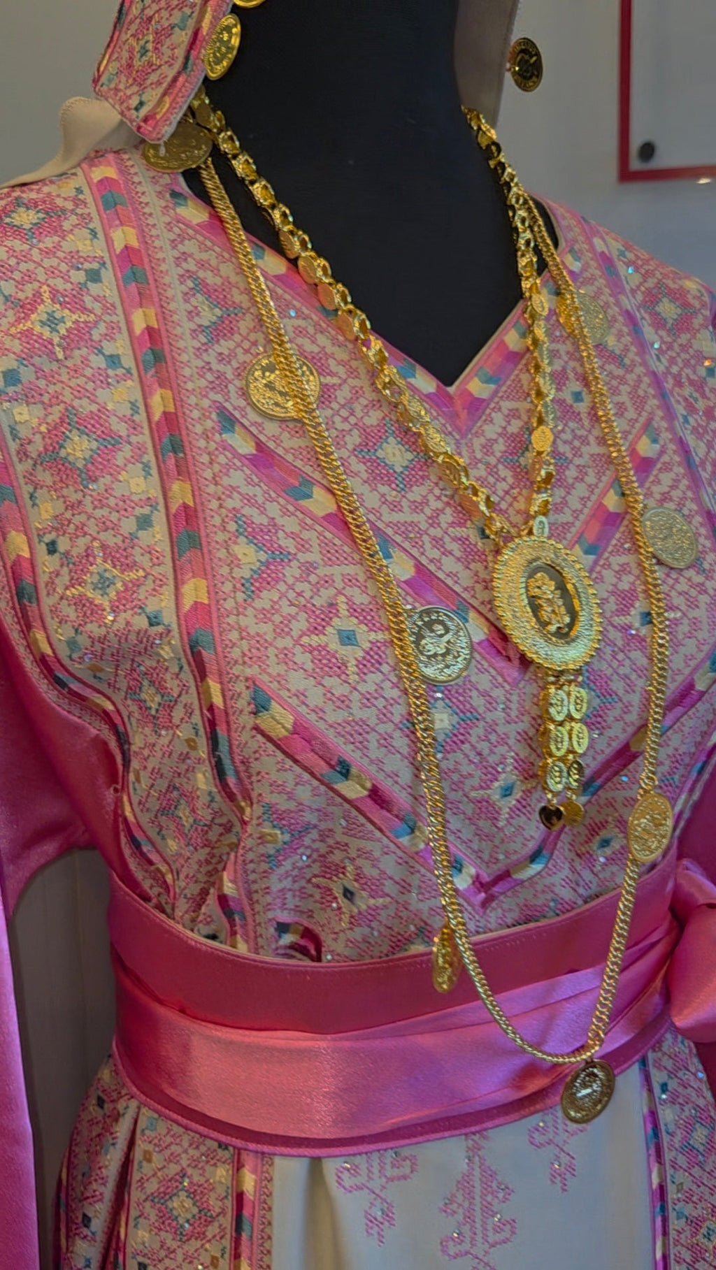 The Nabuls Thobe - Hot Pink and Beige Traditional Full Tatreez Back and Front Thobe