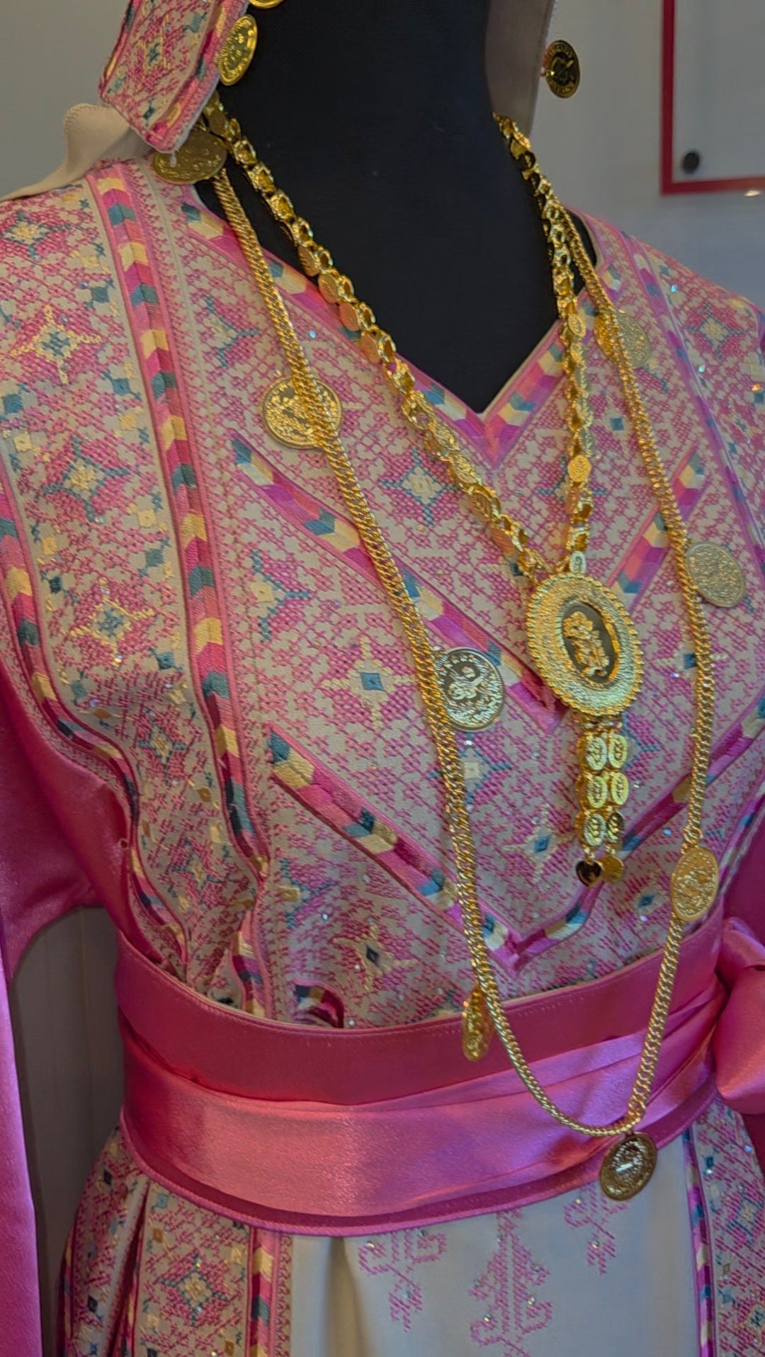 The Nabuls Thobe - Hot Pink and Beige Traditional Full Tatreez Back and Front Thobe