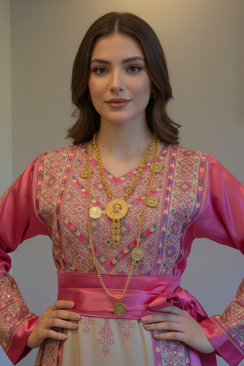 The Nabuls Thobe - Hot Pink and Beige Traditional Full Tatreez Back and Front Thobe