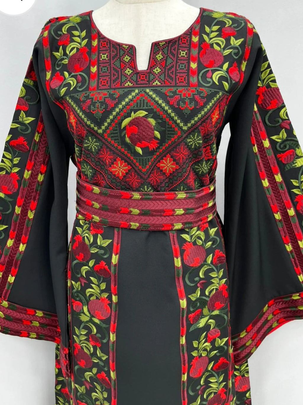 Romana Pomegranate Thobe/Dress Black and Red Traditional Full Tatreez Back and Front Thobe