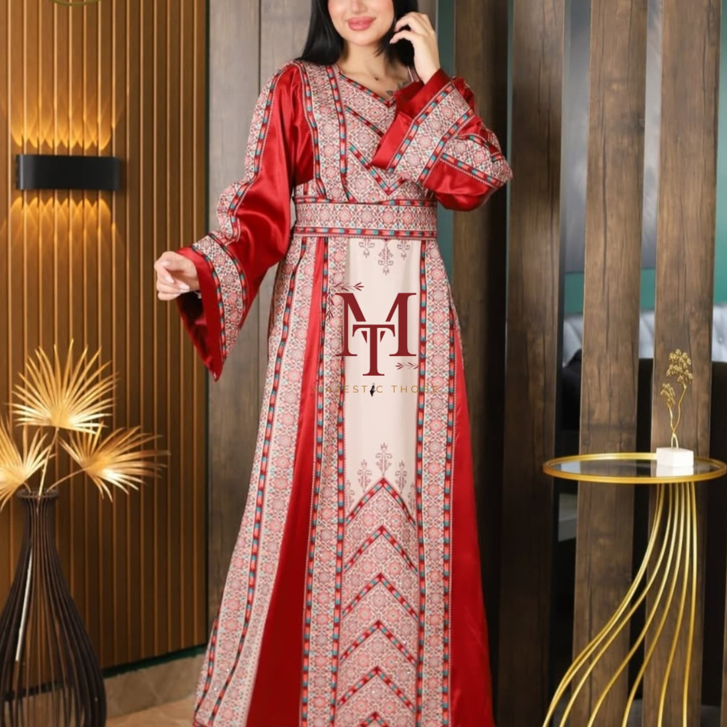 The Nabuls Thobe - Burgundy and Beige Traditional Full Tatreez Back and Front Thobe
