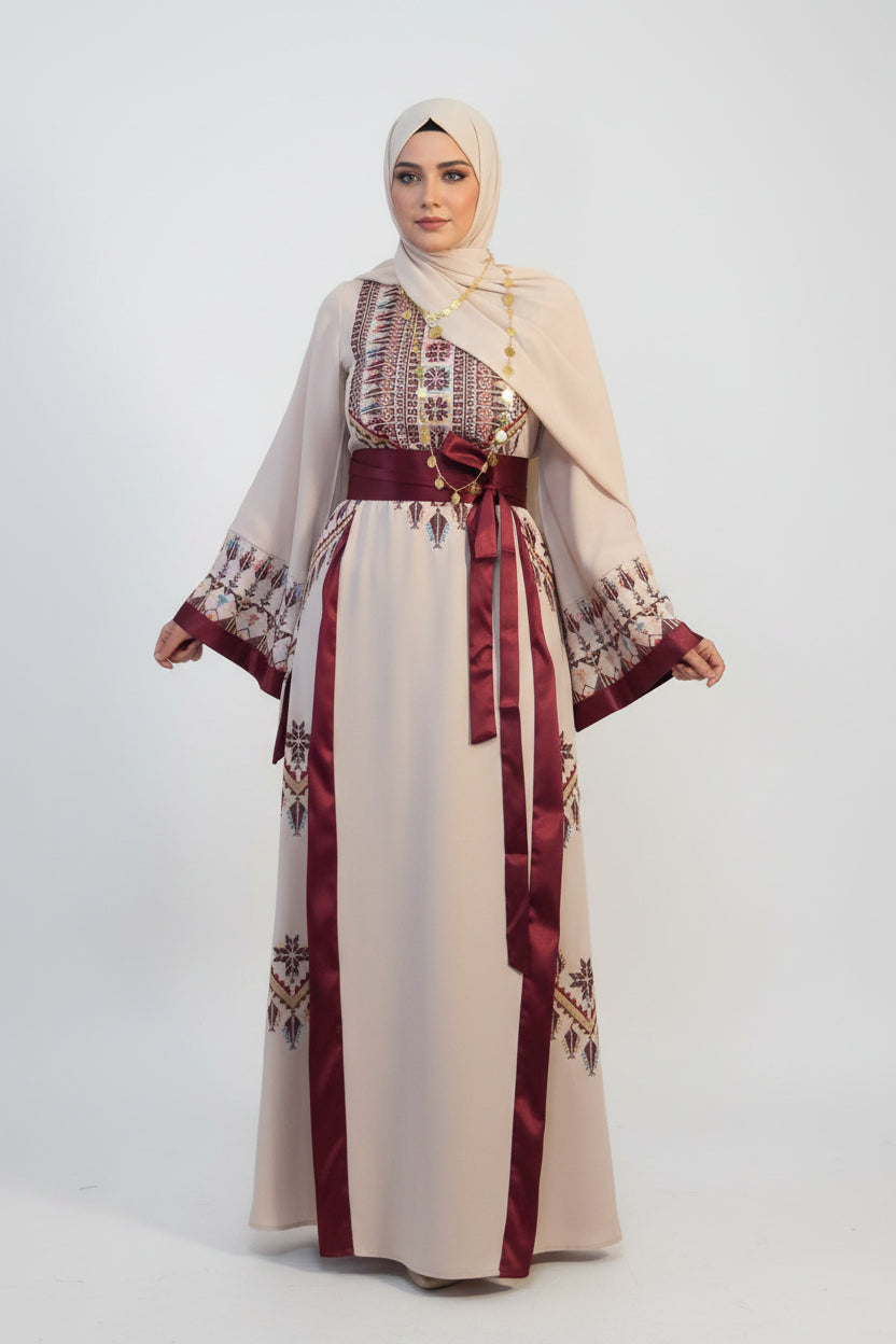 Asia Thobe Burgendy & Beige Modern Full tatreez & Satin back and front Thobe With Matching head Veil