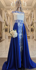 Yaffa Thobe - Blue and White Bridal sleeveless long Tail Thobe dress (Embroidered Tatreez Palestinian Jordanian Thobe)
