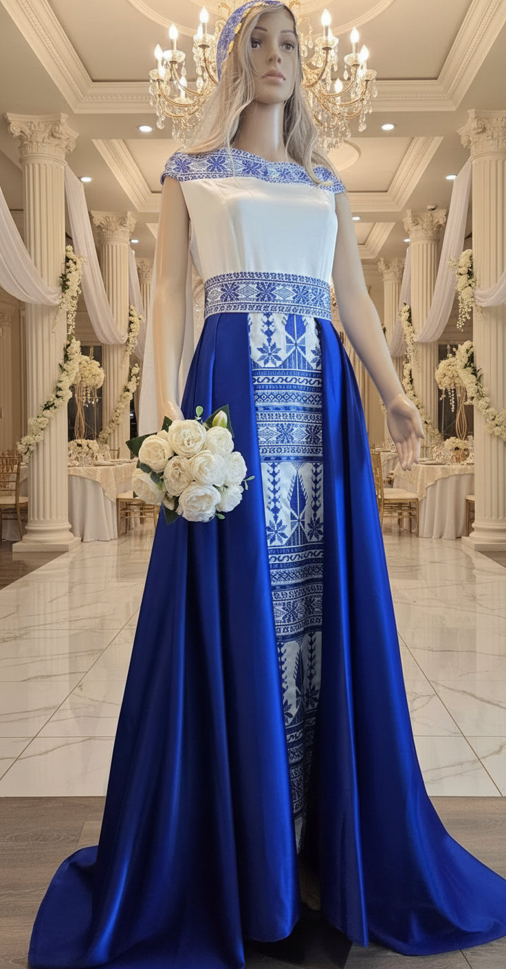 Yaffa Thobe - Blue and White Bridal sleeveless long Tail Thobe dress (Embroidered Tatreez Palestinian Jordanian Thobe)