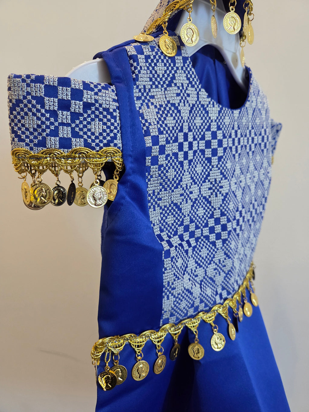 Kids Blue Long Sleeveless Full Embroidered Palestinian Thobe With Head Veil