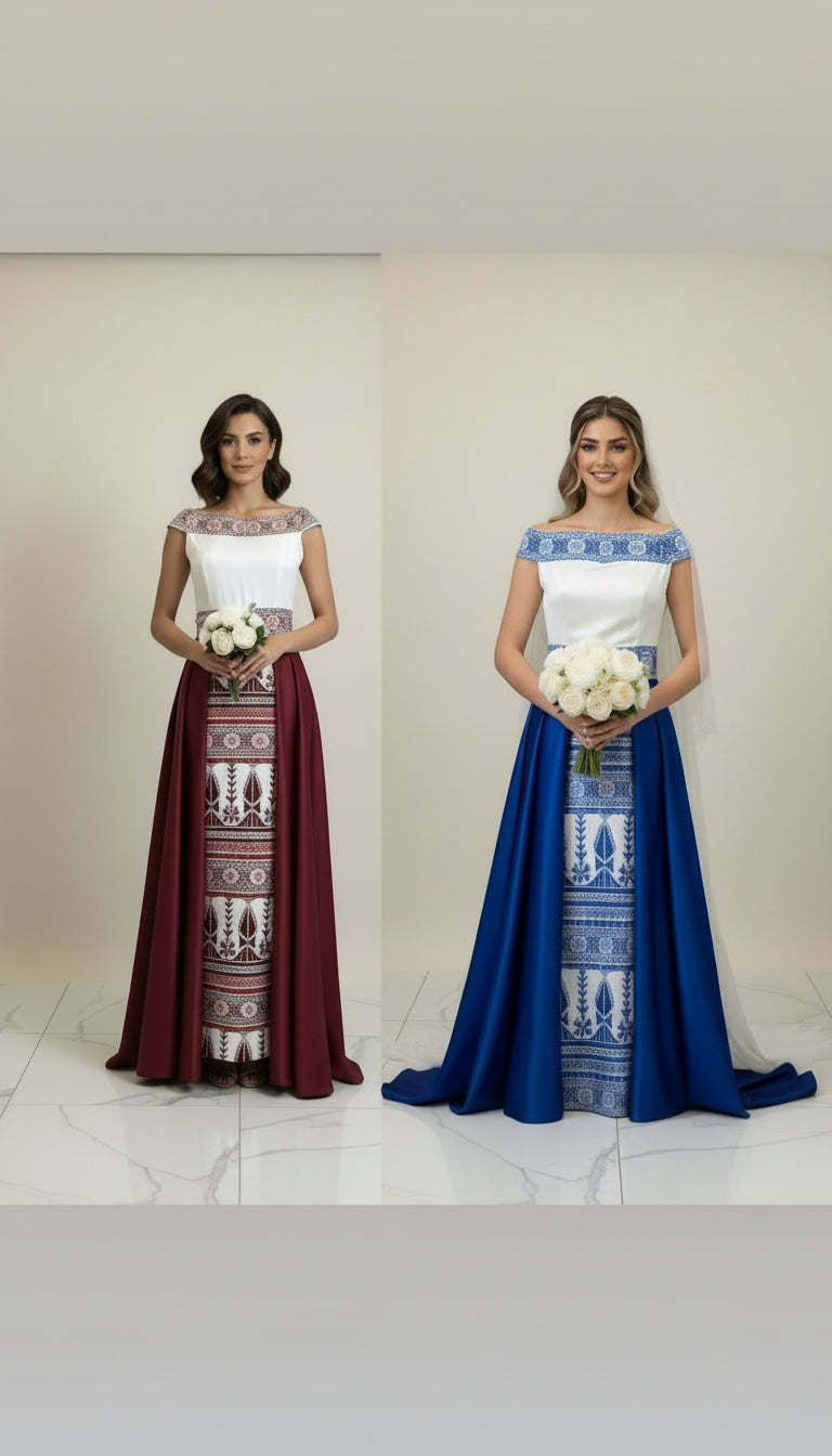 'The Yaffa Thobe - Burgundy and White Bridal sleeveless Off Shoulder Long Train Thobe Dress