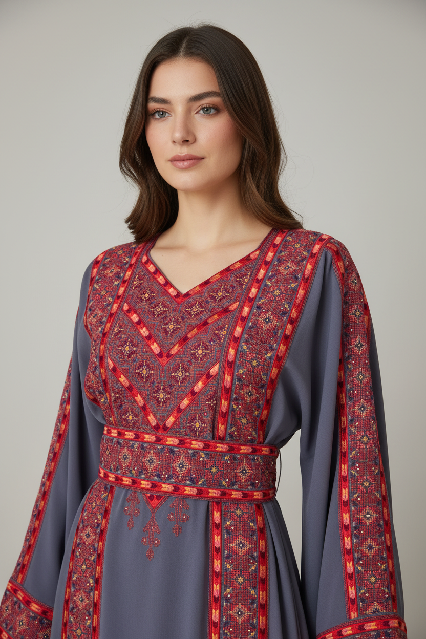 The Nablus Thobe - Orange & Grey Traditional Palestinian Full Tatreez Back and Front Thobe/ Dress