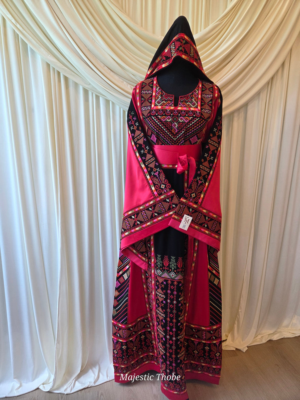 The Ella Thobe -  Black & Red Diamond Traditional Full Tatreez Back and Front Thobe With Matching Head Veil