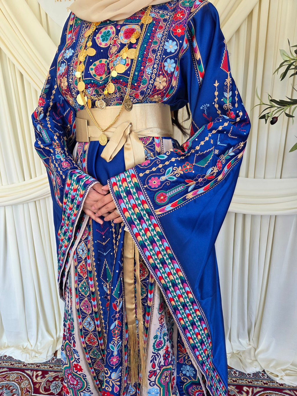 The Celine Thobe - Palestinian Embroidered Blue & Golden Thobe with Matching Head Veil, Belt & Extra Long Sleeves | Traditional Tatreez Dress