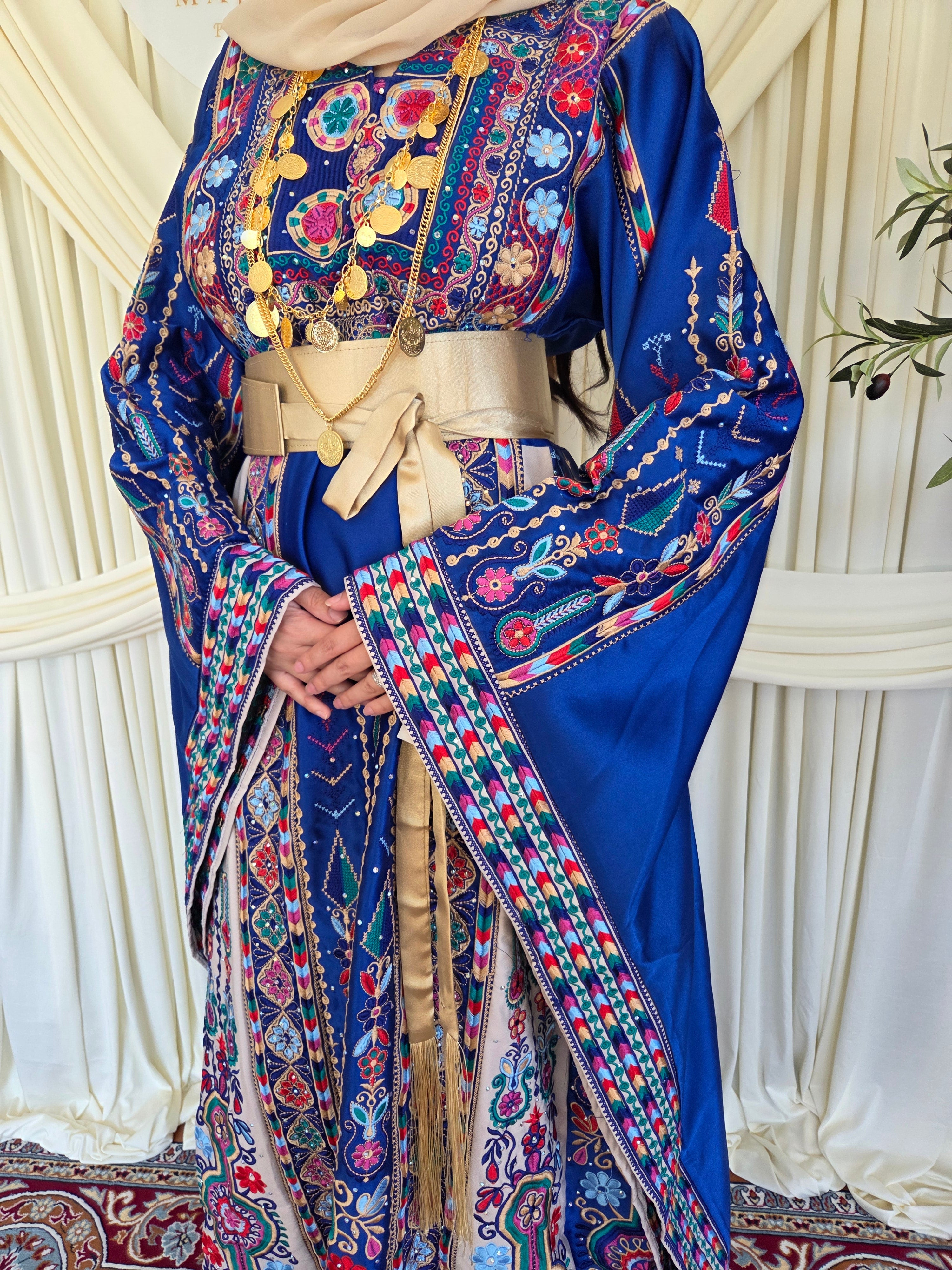 The Celine Thobe - Palestinian Embroidered Blue & Golden Thobe with Matching Head Veil, Belt & Extra Long Sleeves | Traditional Tatreez Dress