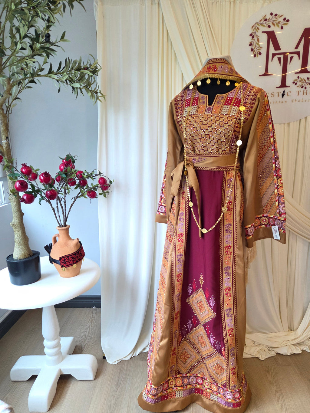 Naya Thobe - Burgundy and Gold Embroidered Tatreez Thobe with Matching Head Veil (Palestinian Thobe/ Dress)