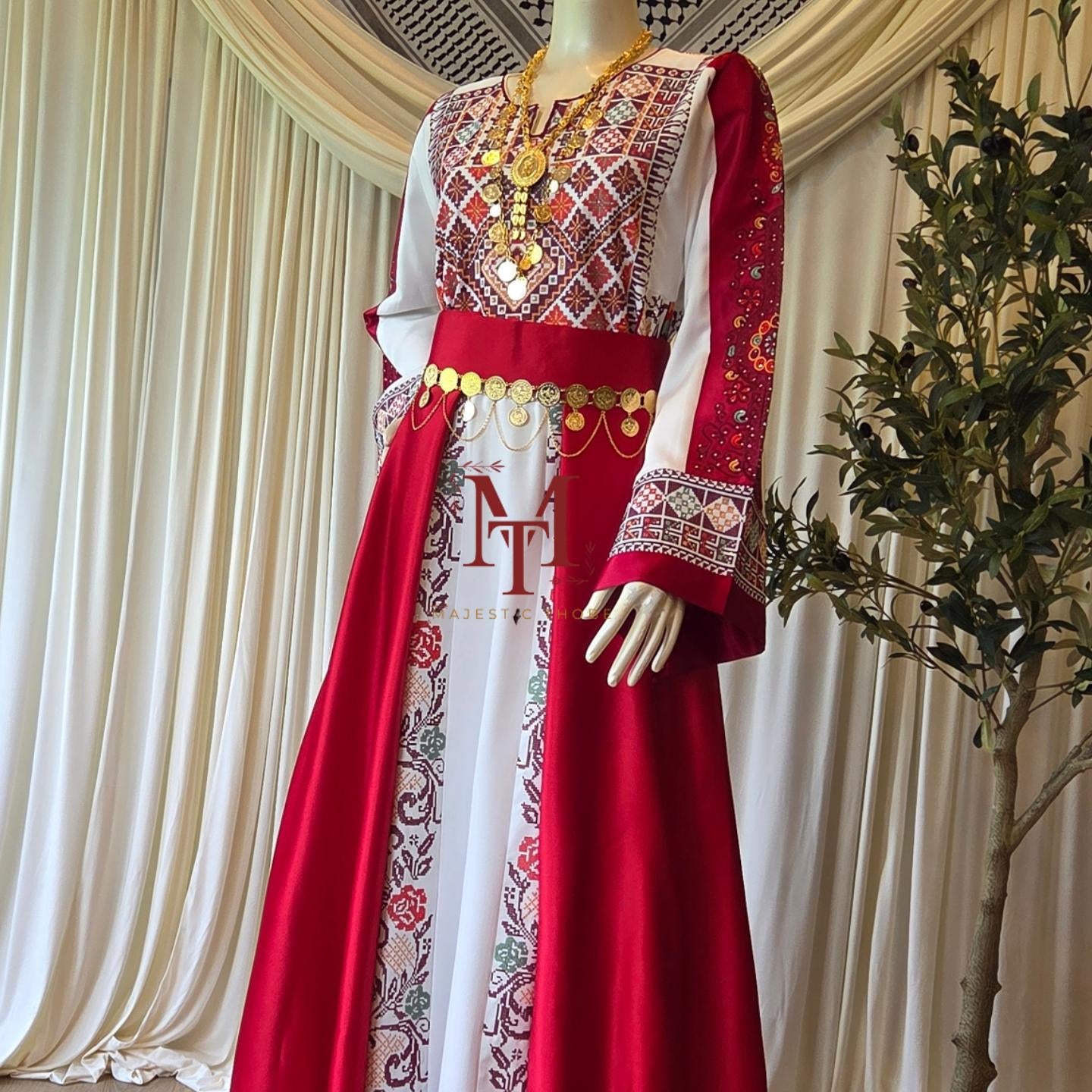 The Nisma Thobe - Bridal White and Red Traditional Full tatreez Back and Front Thobe With Matching Head Veil