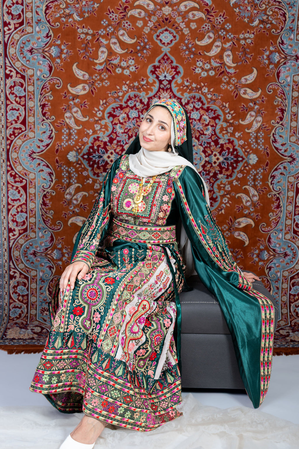 The Celine Thobe - Palestinian Embroidered  Emerald Thobe , Belt & Extra Long Sleeves | Traditional Tatreez Dress (No head Veil)