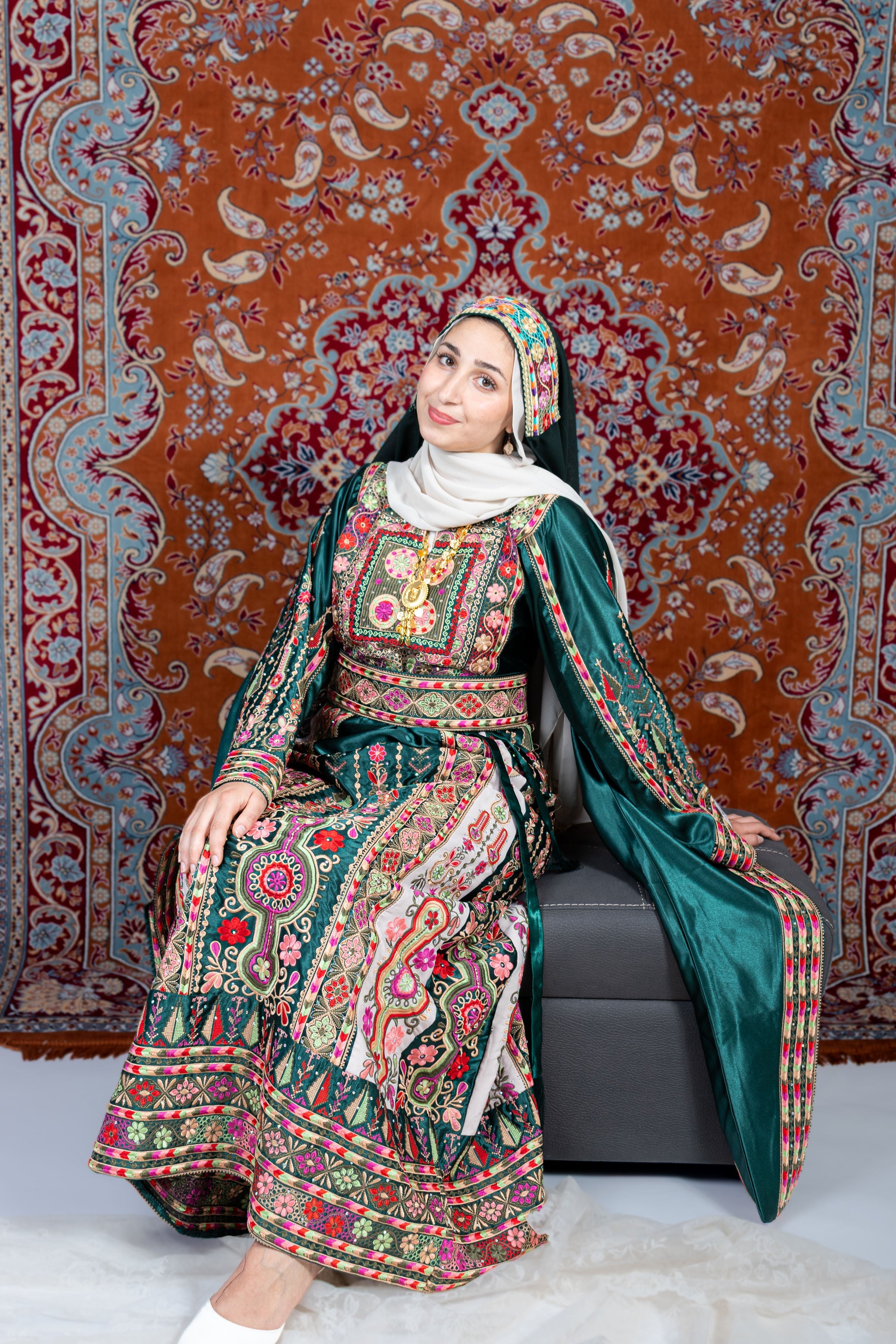 The Celine Thobe - Palestinian Embroidered  Emerald Thobe , Belt & Extra Long Sleeves | Traditional Tatreez Dress (No head Veil)