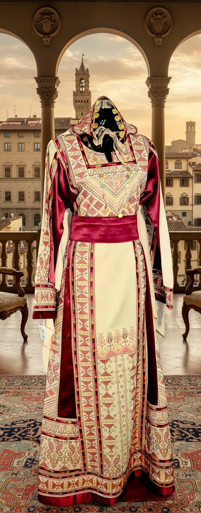 The Ella Thobe - Bridal Diamond Traditional Full Tatreez Back and Front Thobe With Matching Head Veil